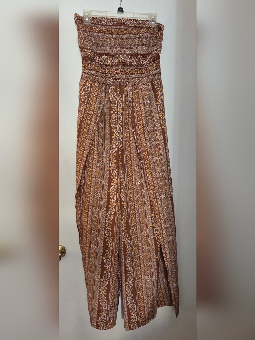 Boho Strapless Smocked Jumpsuit in Rust Paisley